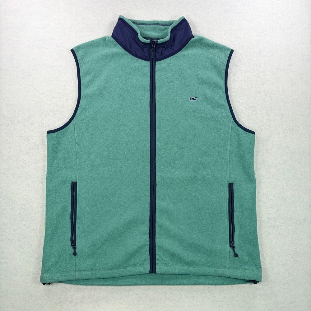 Vineyard Vines Mens XL Fleece Vest Seafoam Green Navy Blue Full Zip Mock Neck